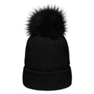 Black Columbia pom pom beanie with the word Snow embroidered on the front. Back view