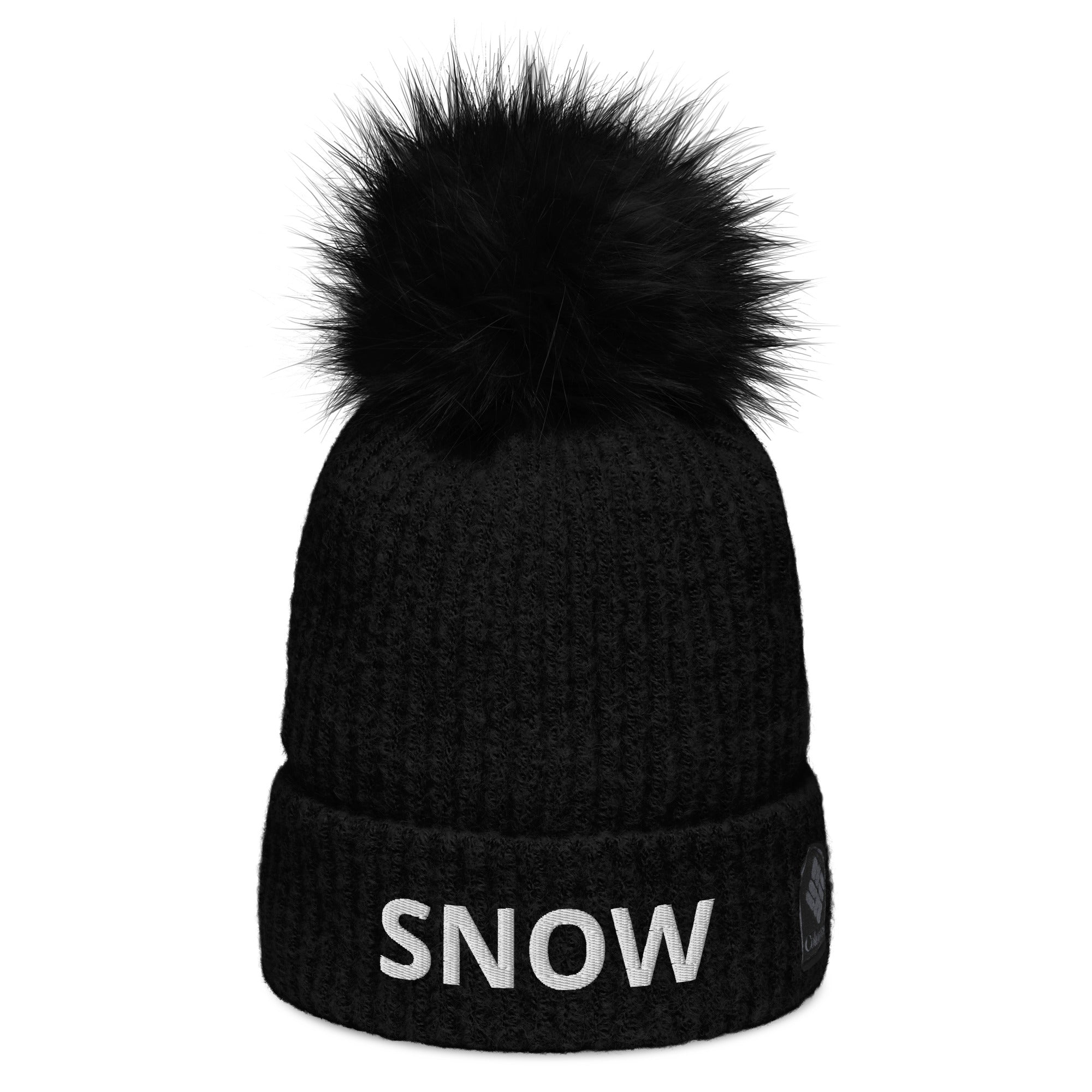 Black Columbia pom pom beanie with the word Snow embroidered on the front. Front view