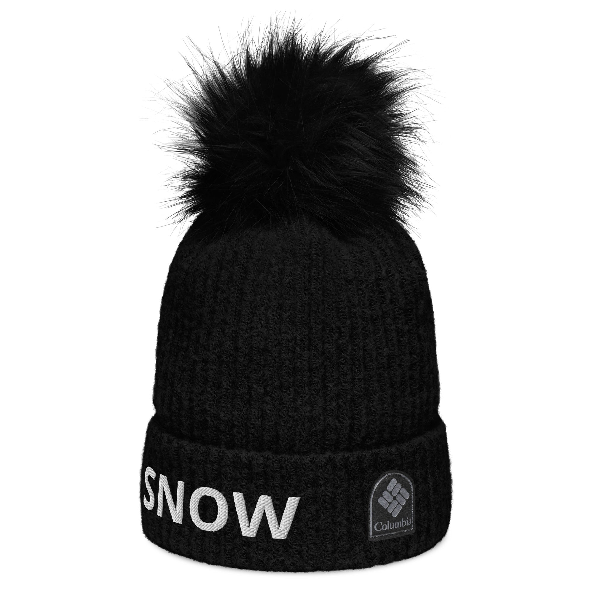 Black Columbia pom pom beanie with the word Snow embroidered on the front and Columbia patch on right side.  Front right view